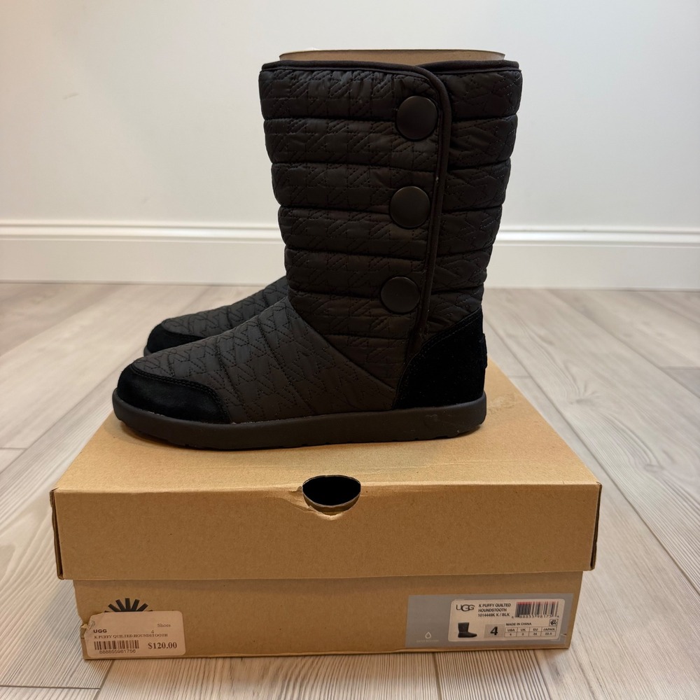 NEW UGG K Puffy Quilted Houndstooth Black Boots Water Resistant 1014449K Size 4